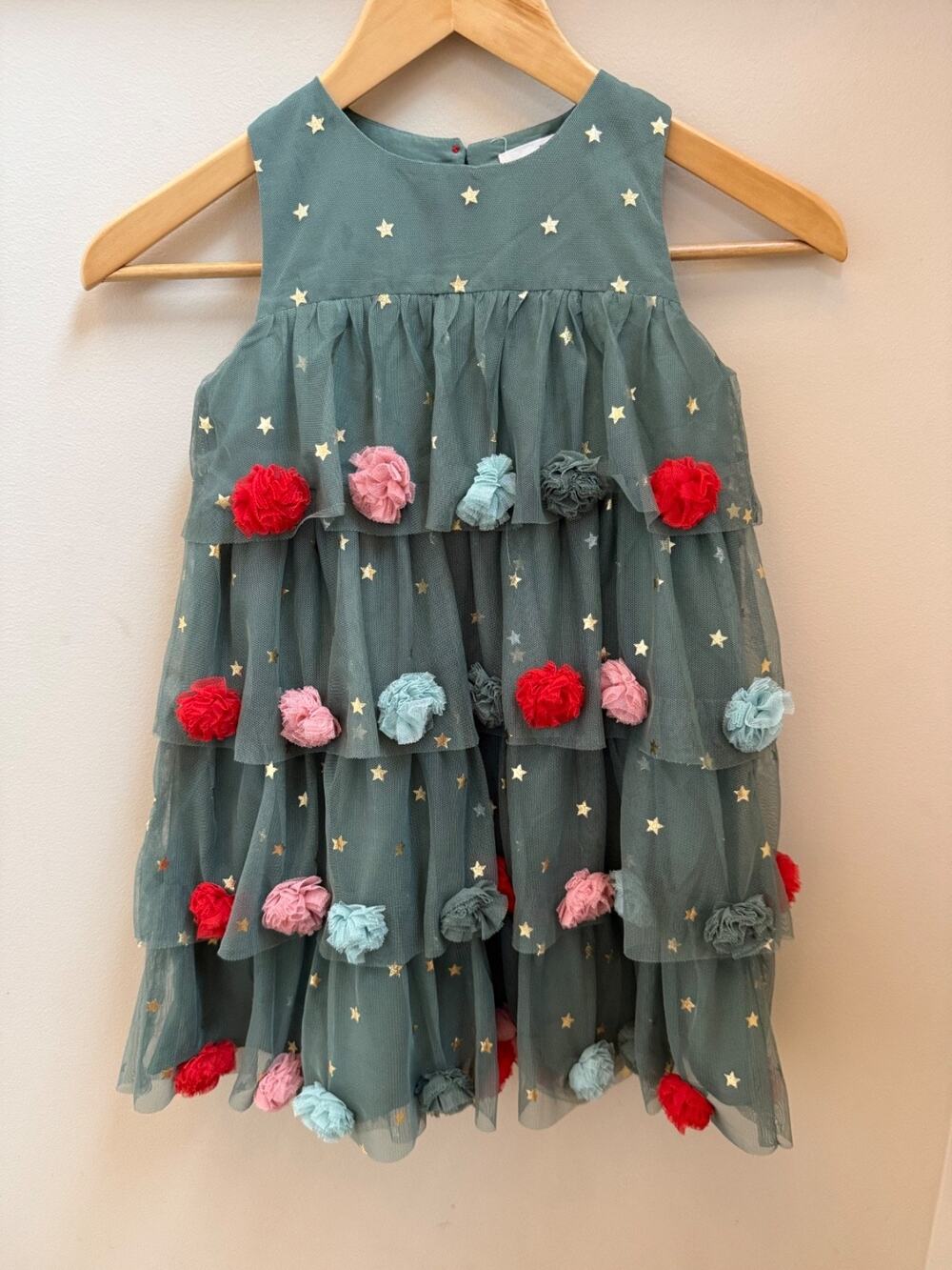 NWT Mini Boden Girls 5-6 Christmas Tree Tulle Pom Pom Dress Green Pink